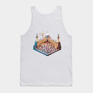 A mosque adorned with colorful lights and decorations, with families coming together for prayers and celebrations. Tank Top